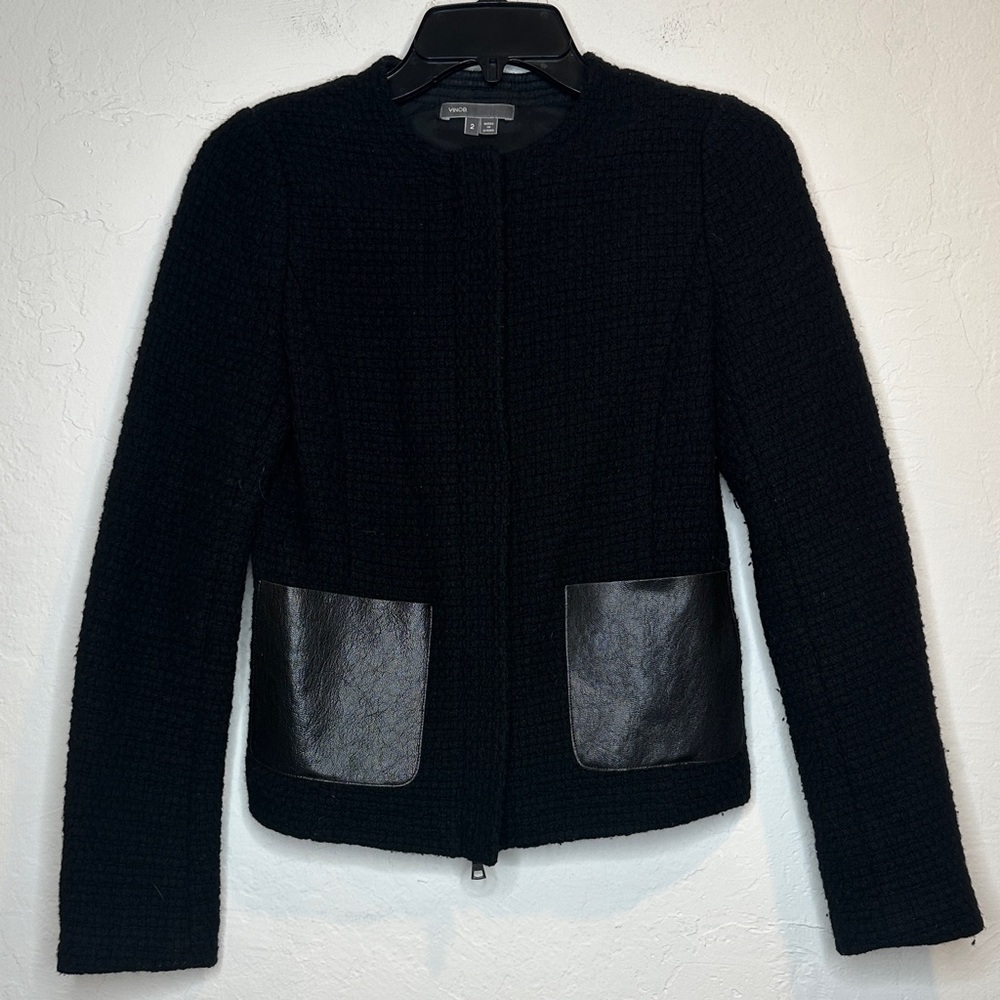 Vince Black Structured & Textured Blazer with Leather‎ Pockets & Detail Size 2